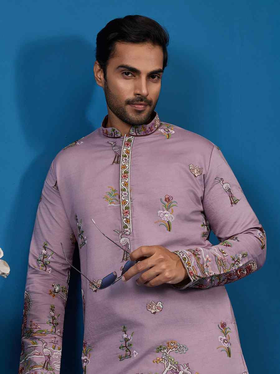 Dusty Pink Viscose Silk Embroidery Festival Wedding Party Mens Kurta