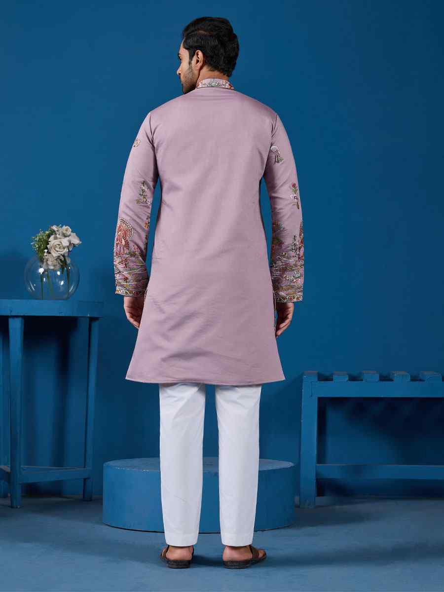 Dusty Pink Viscose Silk Embroidery Festival Wedding Party Mens Kurta