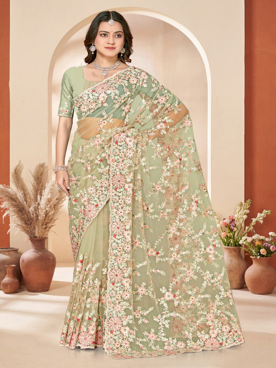 Dusty pist Net Embroidery Zari Wedding Reception Party Festival Casual Heavy Border Sarees