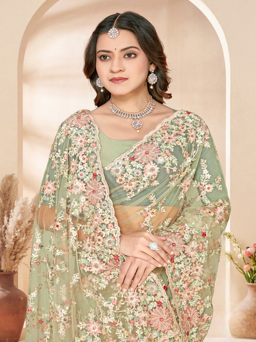 Dusty pist Net Embroidery Zari Wedding Reception Party Festival Casual Heavy Border Sarees