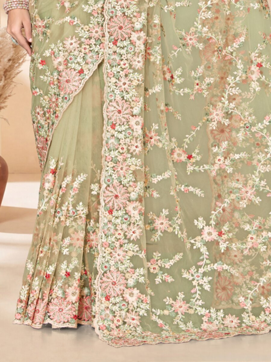 Dusty pist Net Embroidery Zari Wedding Reception Party Festival Casual Heavy Border Sarees