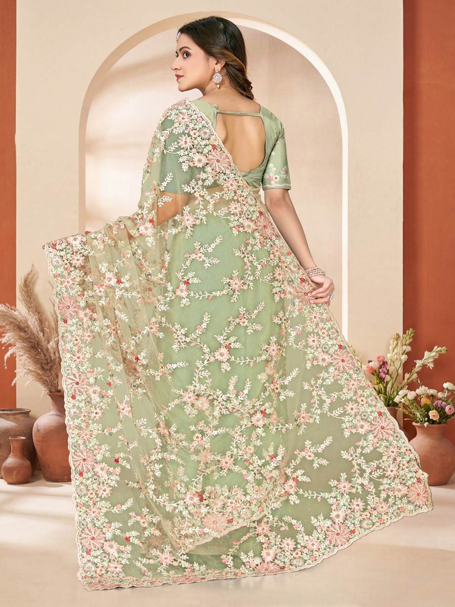 Dusty pist Net Embroidery Zari Wedding Reception Party Festival Casual Heavy Border Sarees