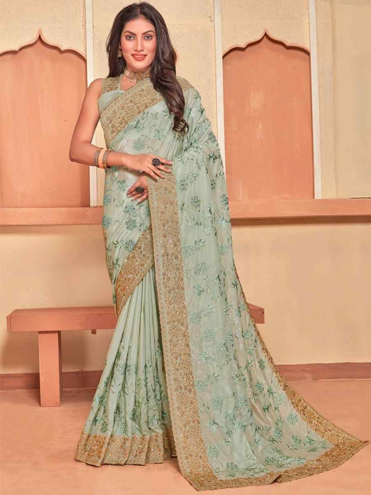 Dusty Pista Crepe Silk Embroidered Wedding Party Heavy Border Saree