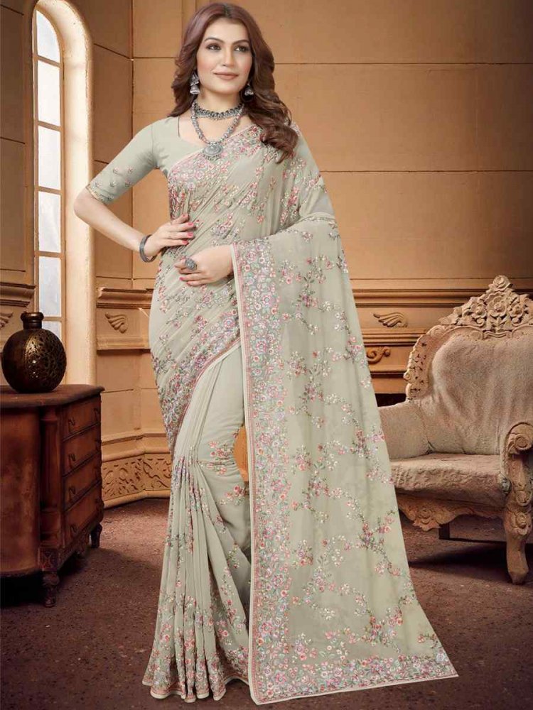 Dusty Pista Georgette Embroidered Wedding Festival Heavy Border Saree