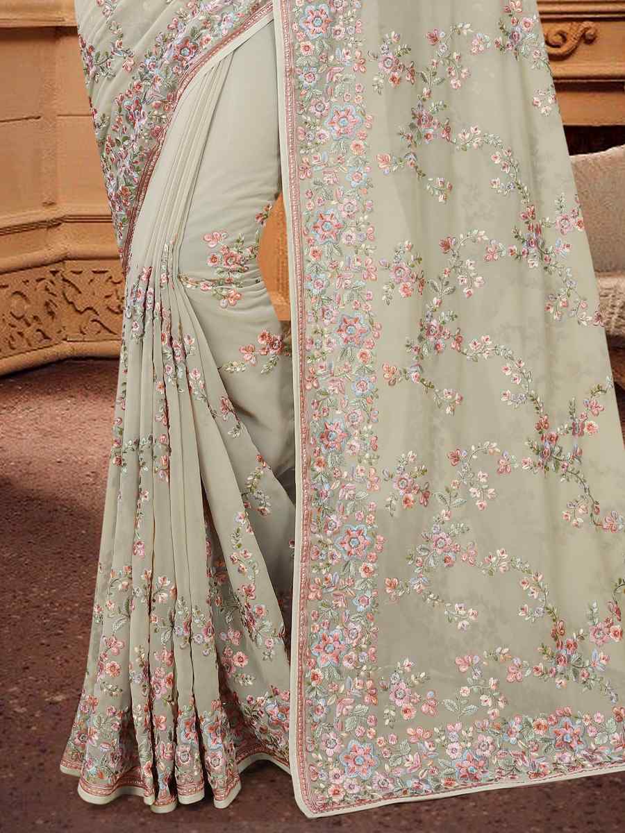 Dusty Pista Georgette Embroidered Wedding Festival Heavy Border Saree