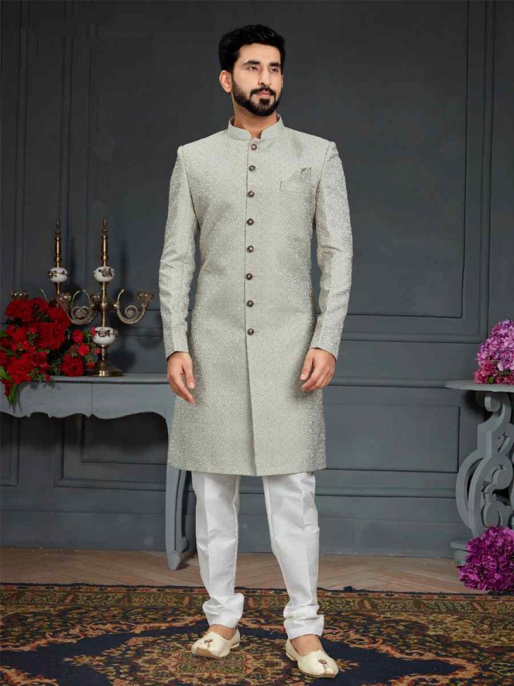 Dusty Pista Heavy Imported Jacquard Woven Groom Wedding Sherwani