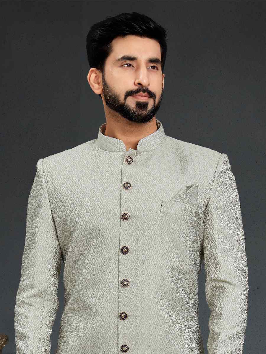 Dusty Pista Heavy Imported Jacquard Woven Groom Wedding Sherwani