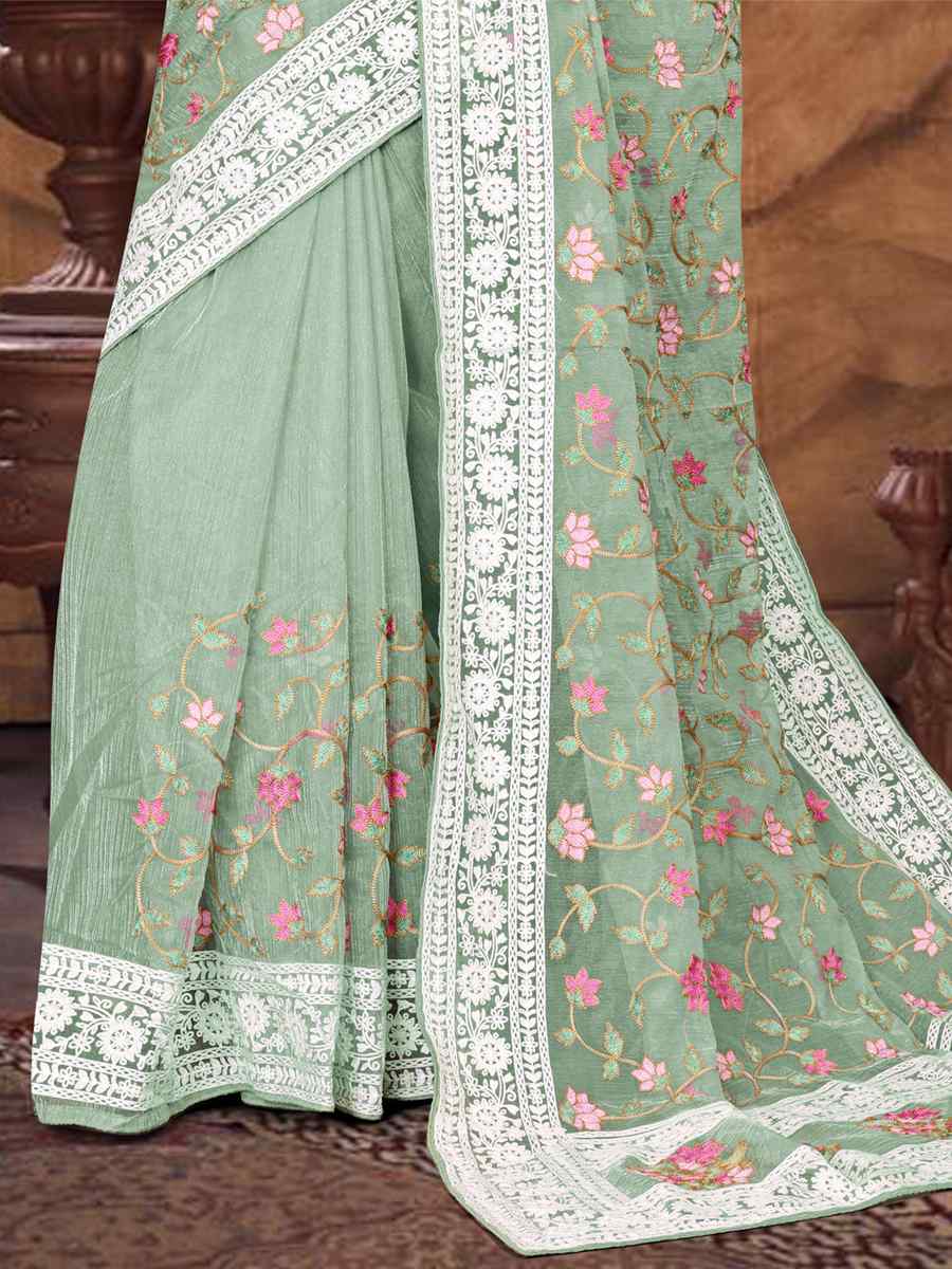 Dusty Pista Organza Embroidered Wedding Festival Heavy Border Saree