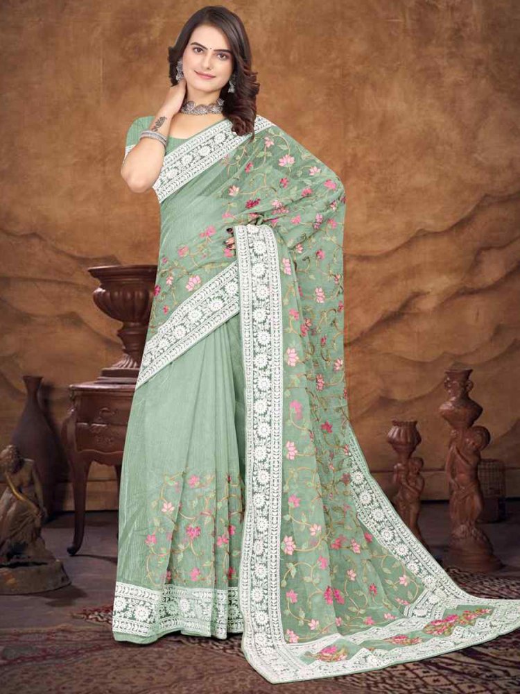 Dusty Pista Organza Embroidered Wedding Festival Heavy Border Saree