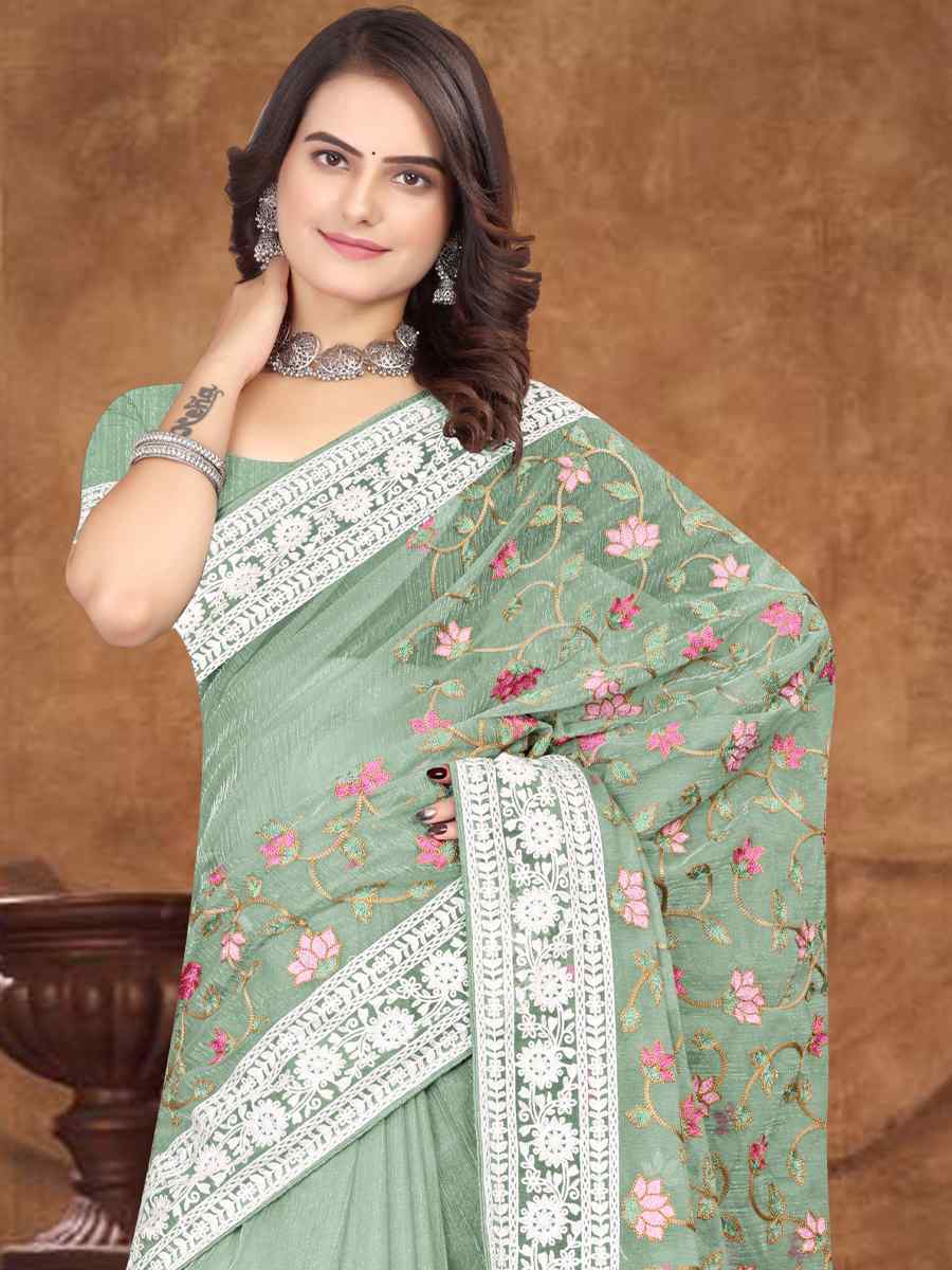 Dusty Pista Organza Embroidered Wedding Festival Heavy Border Saree