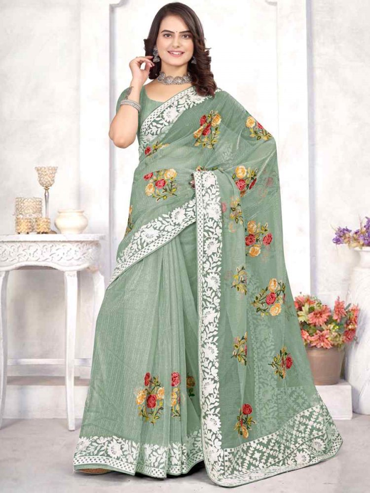 Dusty Pista Organza Embroidered Wedding Festival Heavy Border Saree