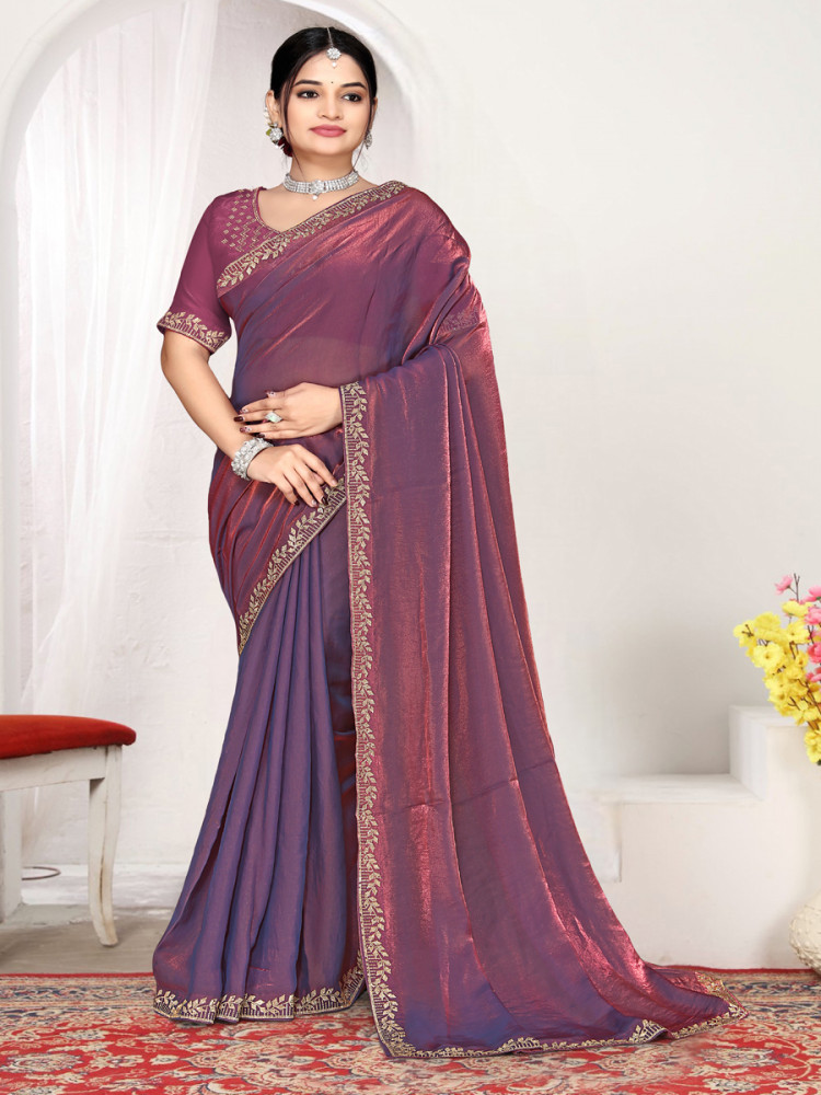 Image of Dusty purple Fendi satin silk Zircon Stone Embroidery Festival Wedding Fancy Classic Heavy Border Saree