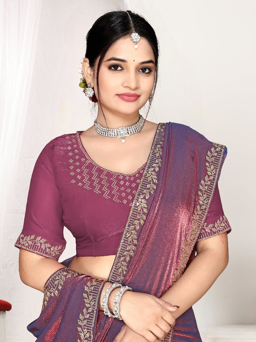 Dusty purple Fendi satin silk Zircon Stone Embroidery Festival Wedding Fancy Classic Heavy Border Saree