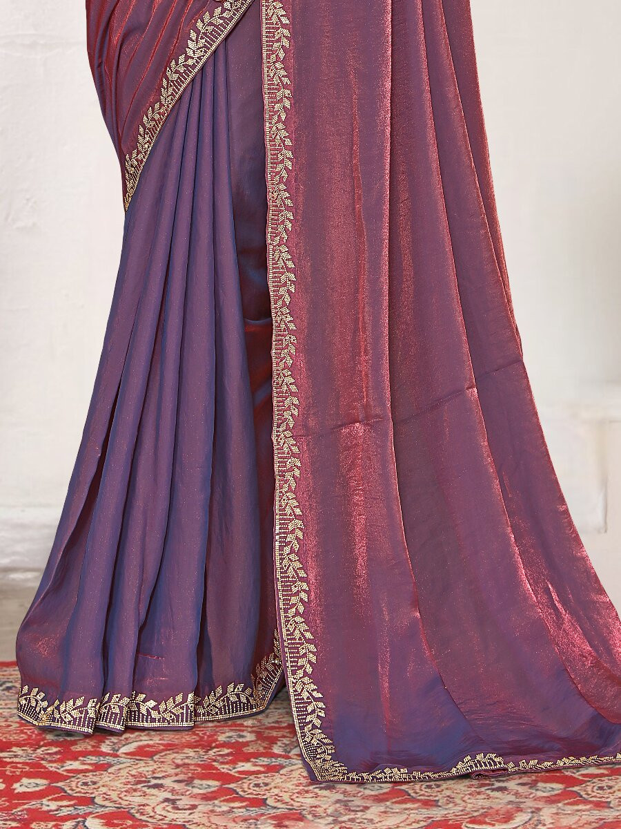 Dusty purple Fendi satin silk Zircon Stone Embroidery Festival Wedding Fancy Classic Heavy Border Saree