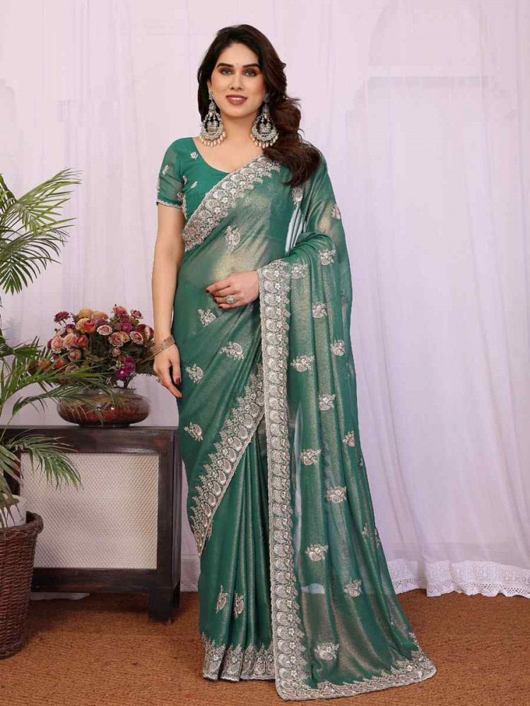 Image of Dusty Rama Pure Georgette Embroidery Festival Wedding Fancy Heavy Border Saree