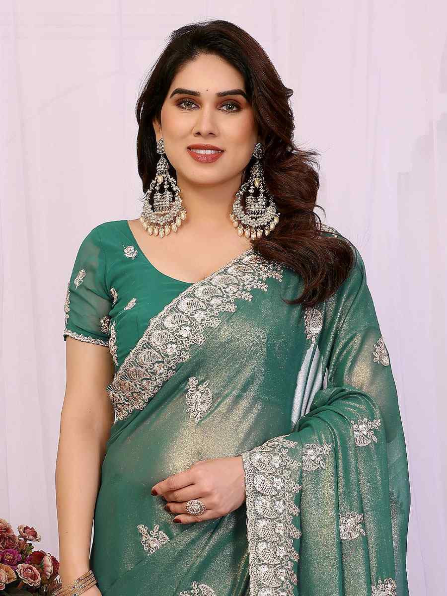 Dusty Rama Pure Georgette Embroidery Festival Wedding Fancy Heavy Border Saree