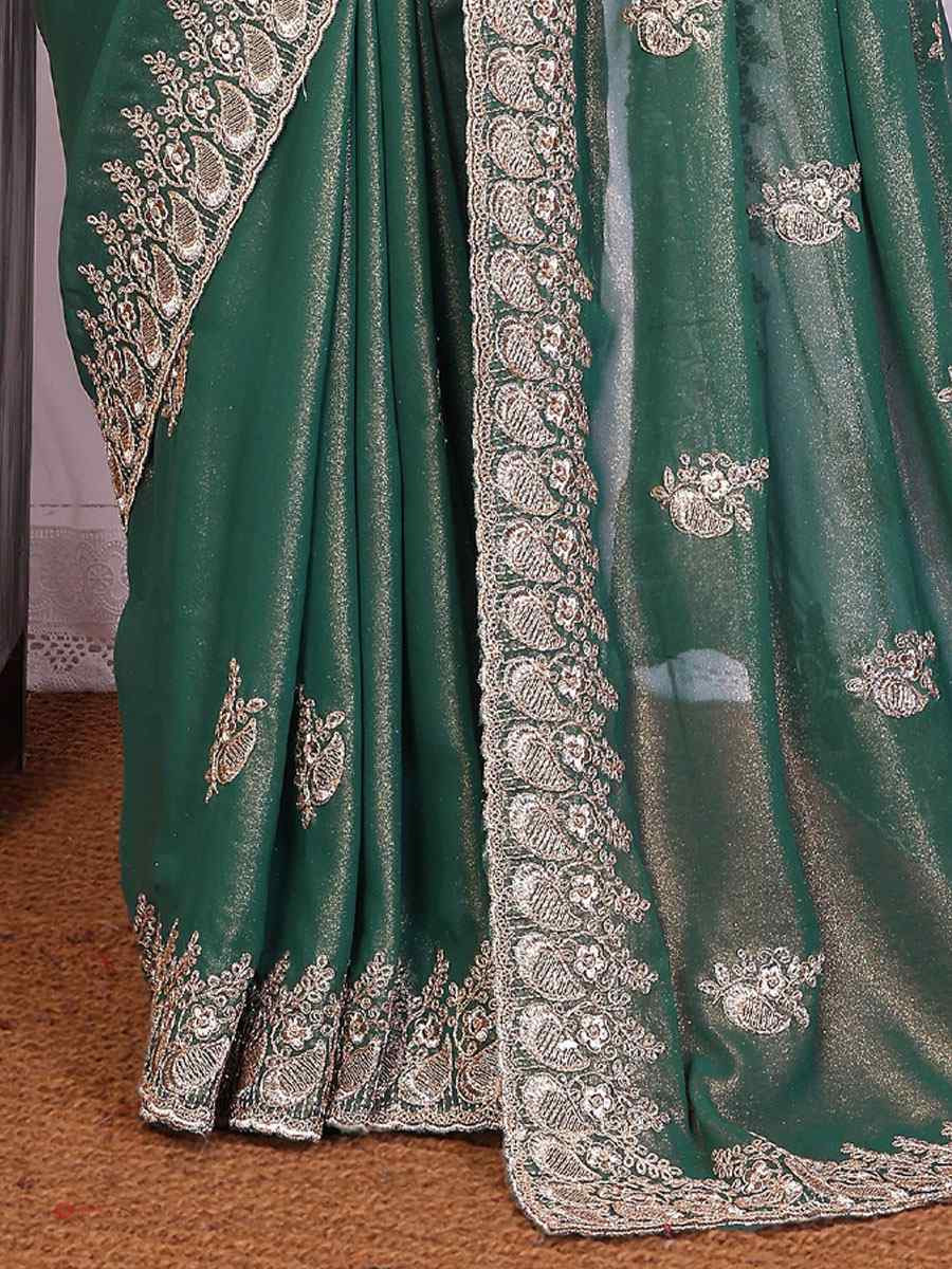 Dusty Rama Pure Georgette Embroidery Festival Wedding Fancy Heavy Border Saree