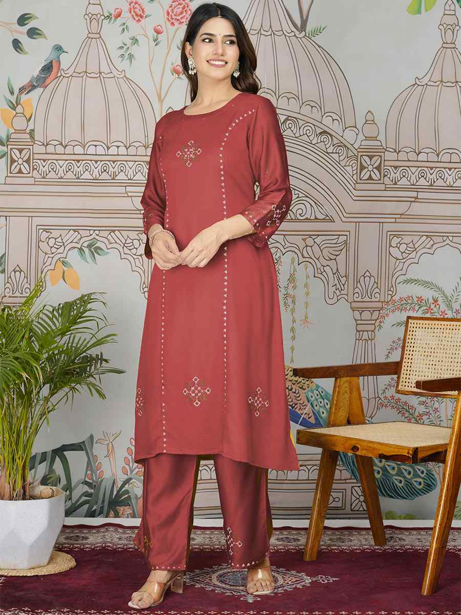 Dusty Red Gajji Silk Printed Festival Casual Kurti