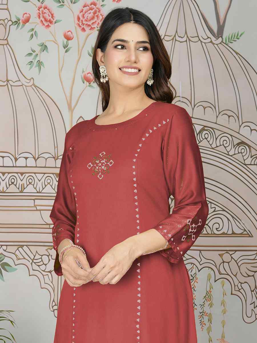 Dusty Red Gajji Silk Printed Festival Casual Kurti
