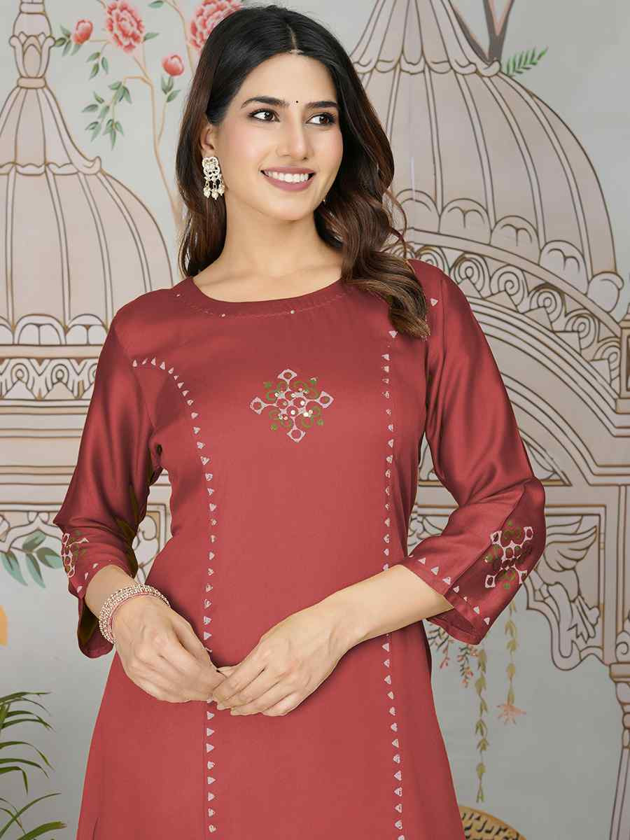 Dusty Red Gajji Silk Printed Festival Casual Kurti