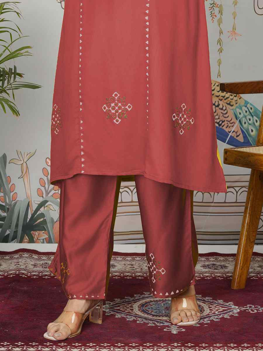 Dusty Red Gajji Silk Printed Festival Casual Kurti