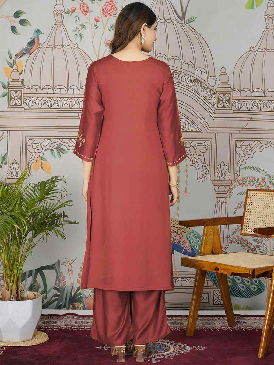 Dusty Red Gajji Silk Printed Festival Casual Kurti