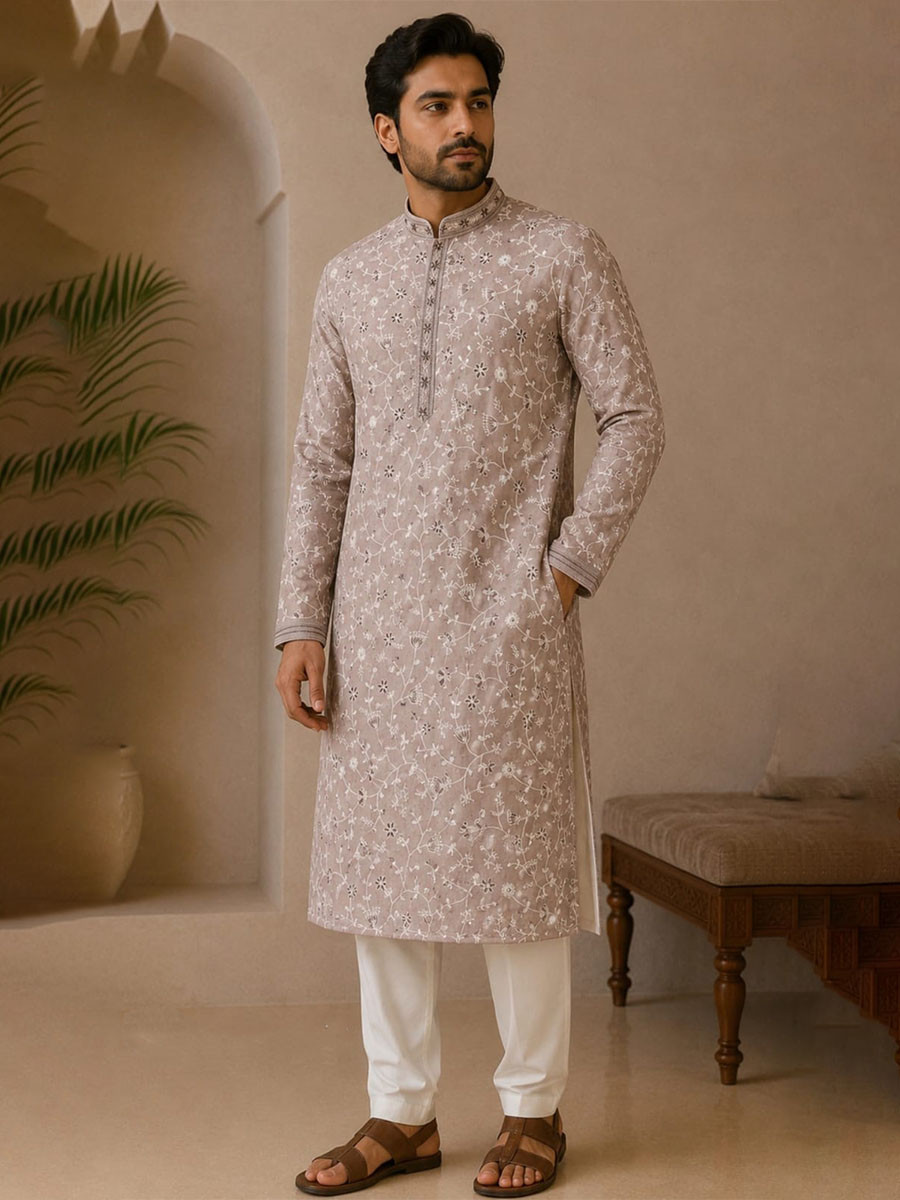 Dusty Rose Art Silk Embroidery Wedding Party Festival Casual Mens Wear Kurta