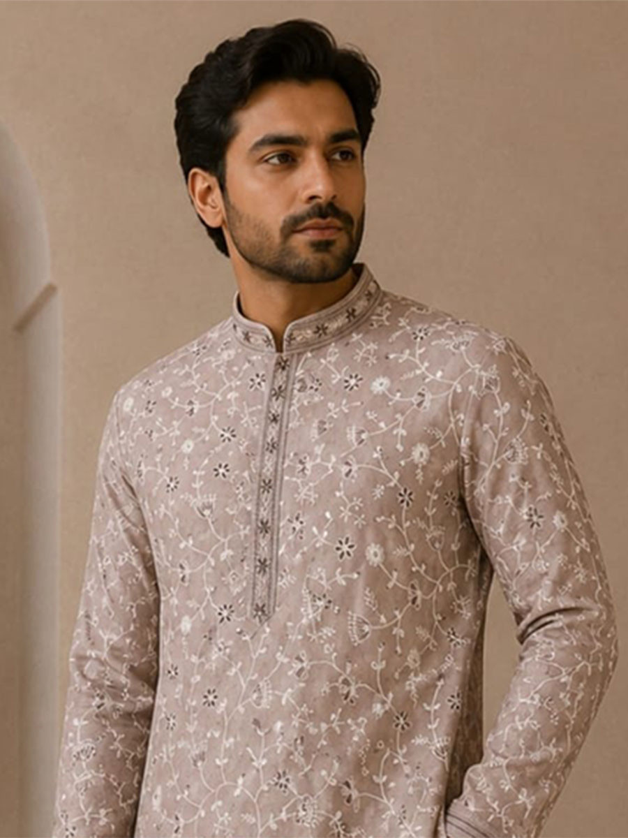 Dusty Rose Art Silk Embroidery Wedding Party Festival Casual Mens Wear Kurta