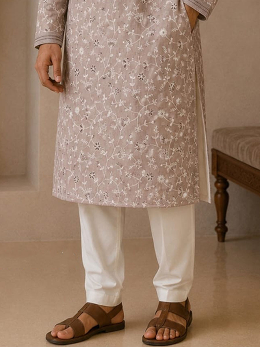 Dusty Rose Art Silk Embroidery Wedding Party Festival Casual Mens Wear Kurta