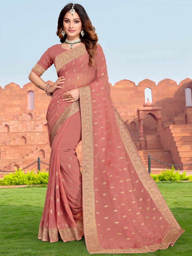 Dusty Rose Georgette Embroidered Reception Party Heavy Border Saree