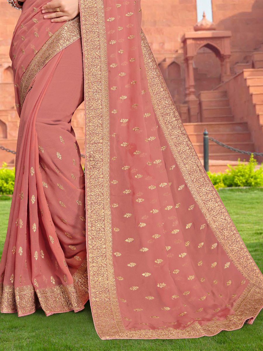 Dusty Rose Georgette Embroidered Reception Party Heavy Border Saree