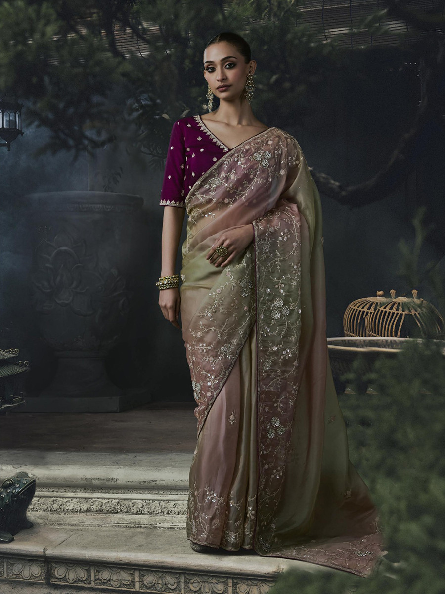 Dusty Rose Pink Tissue Silk Embroidery Stone Work Sequins Wedding Reception Party Festival Casual Heavy Border Sarees