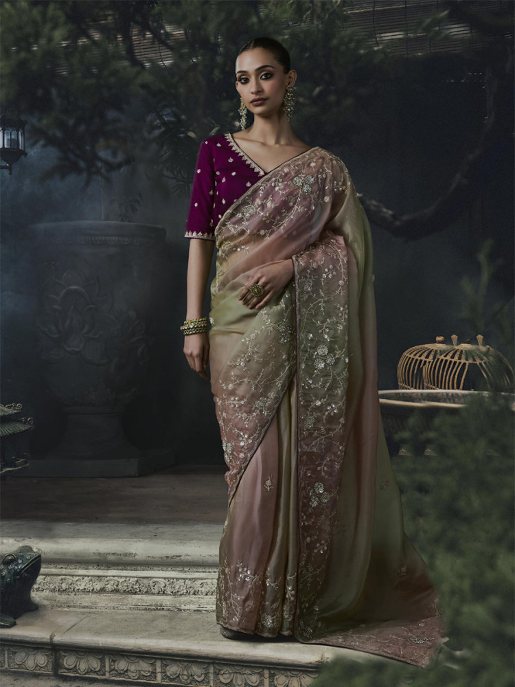 Image of Dusty Rose Pink Tissue Silk Embroidery Stone Work Sequins Wedding Reception Party Festival Casual Heavy Border Sarees