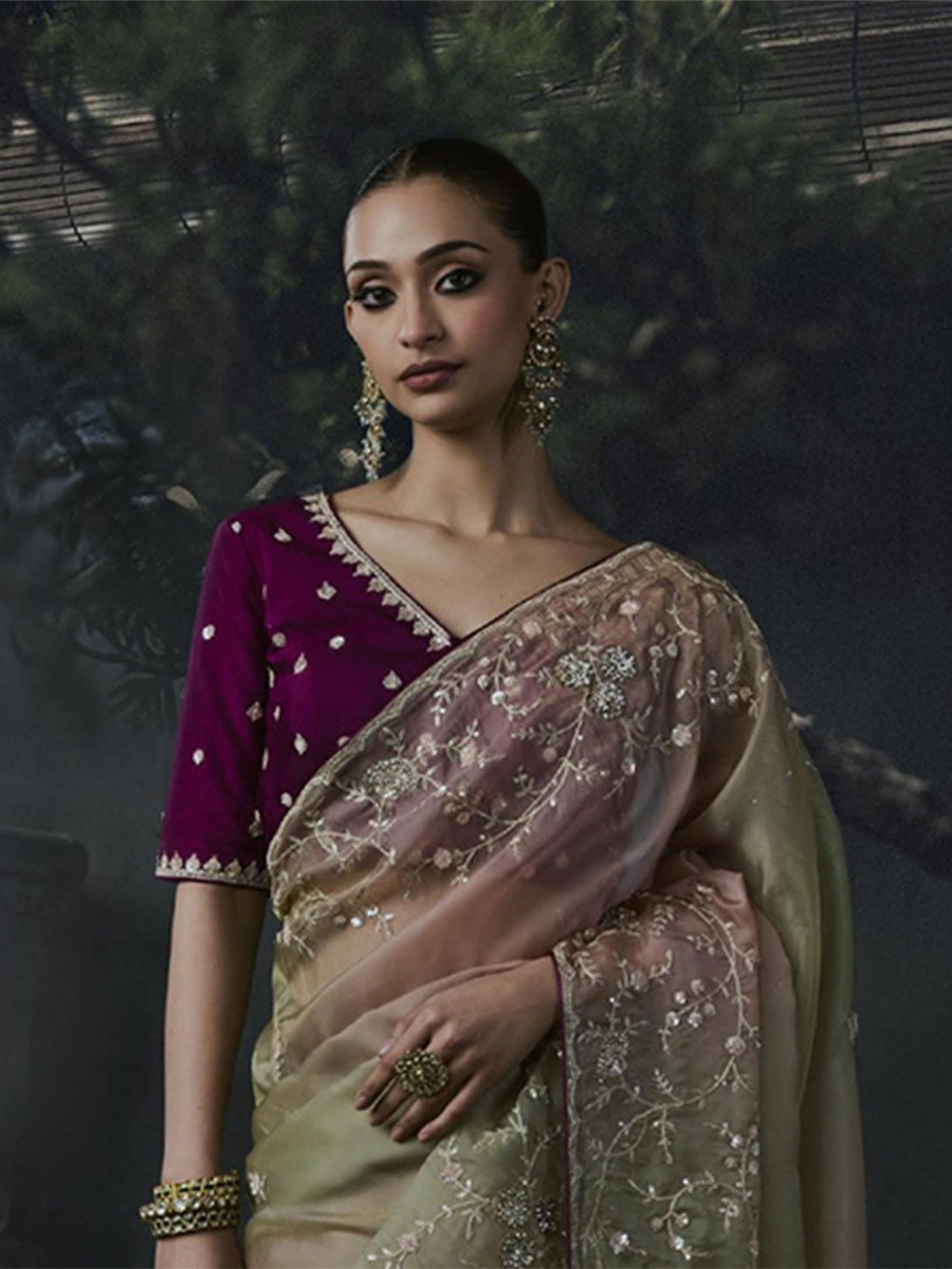 Dusty Rose Pink Tissue Silk Embroidery Stone Work Sequins Wedding Reception Party Festival Casual Heavy Border Sarees