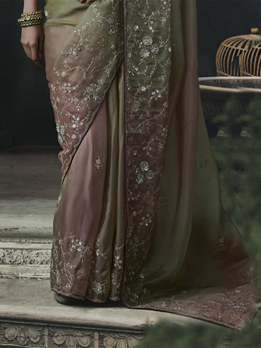 Dusty Rose Pink Tissue Silk Embroidery Stone Work Sequins Wedding Reception Party Festival Casual Heavy Border Sarees
