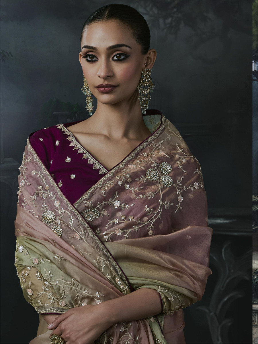 Dusty Rose Pink Tissue Silk Embroidery Stone Work Sequins Wedding Reception Party Festival Casual Heavy Border Sarees