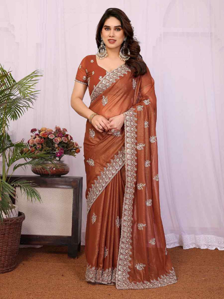 Image of Dusty Rust Pure Georgette Embroidery Festival Wedding Fancy Heavy Border Saree