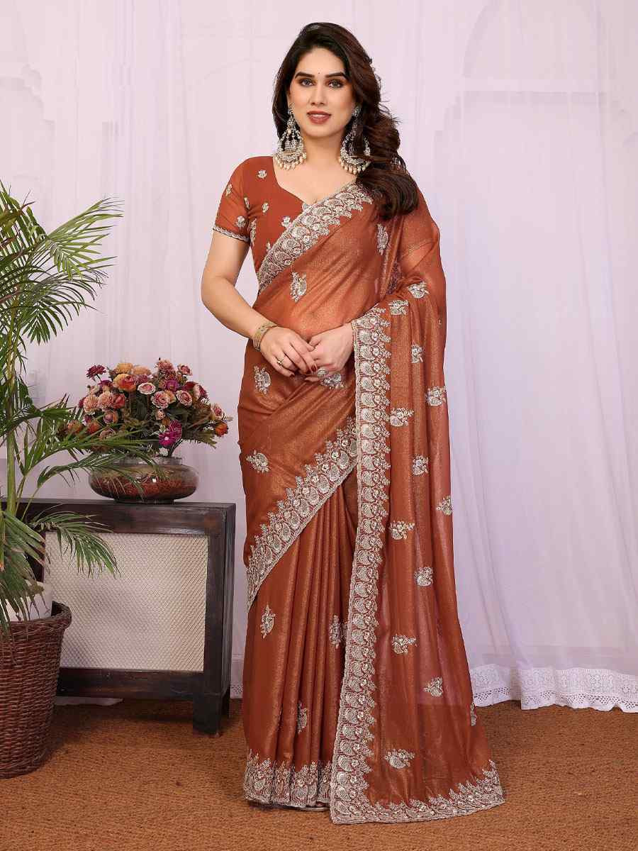 Dusty Rust Pure Georgette Embroidery Festival Wedding Fancy Heavy Border Saree