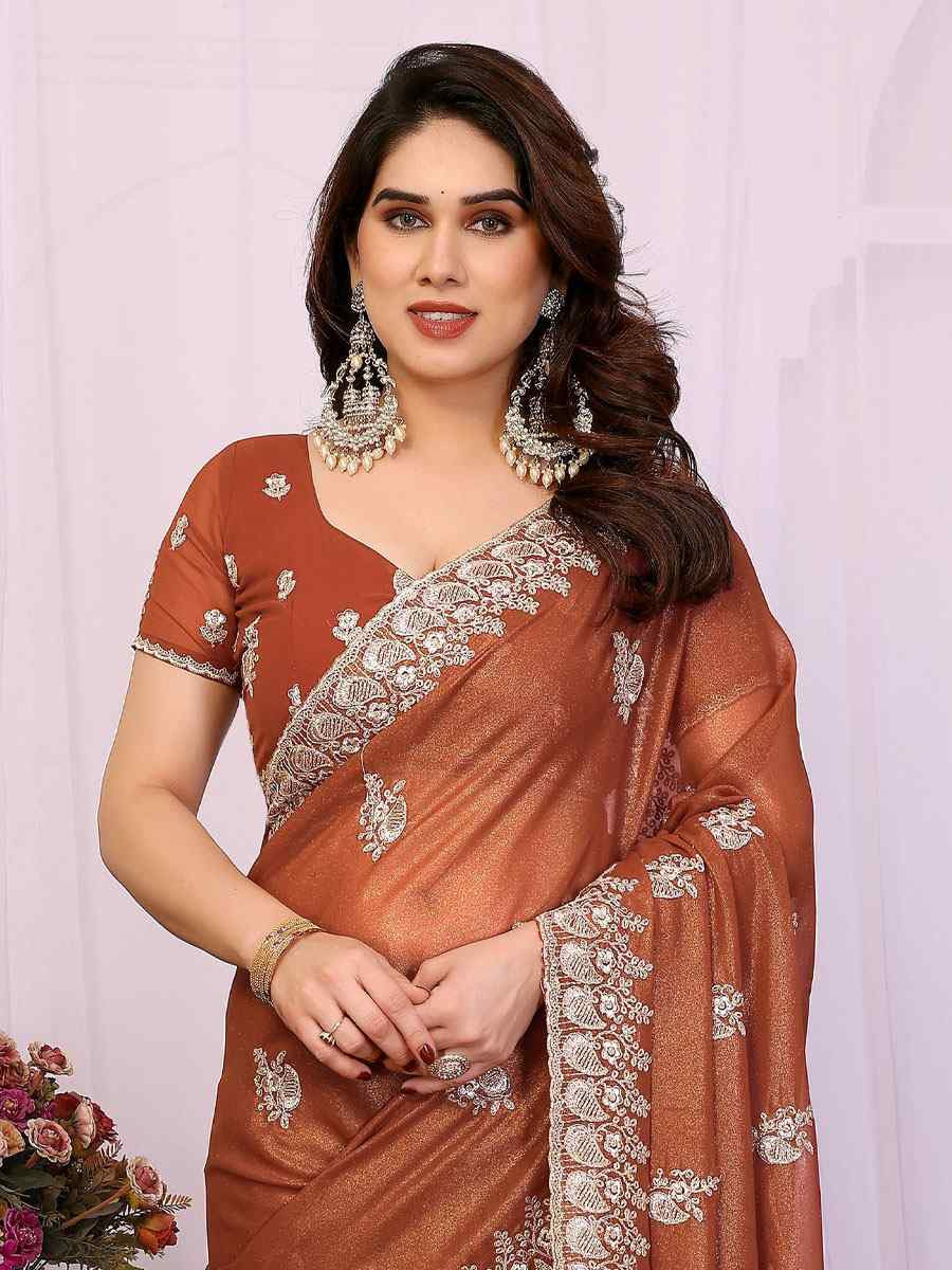 Dusty Rust Pure Georgette Embroidery Festival Wedding Fancy Heavy Border Saree