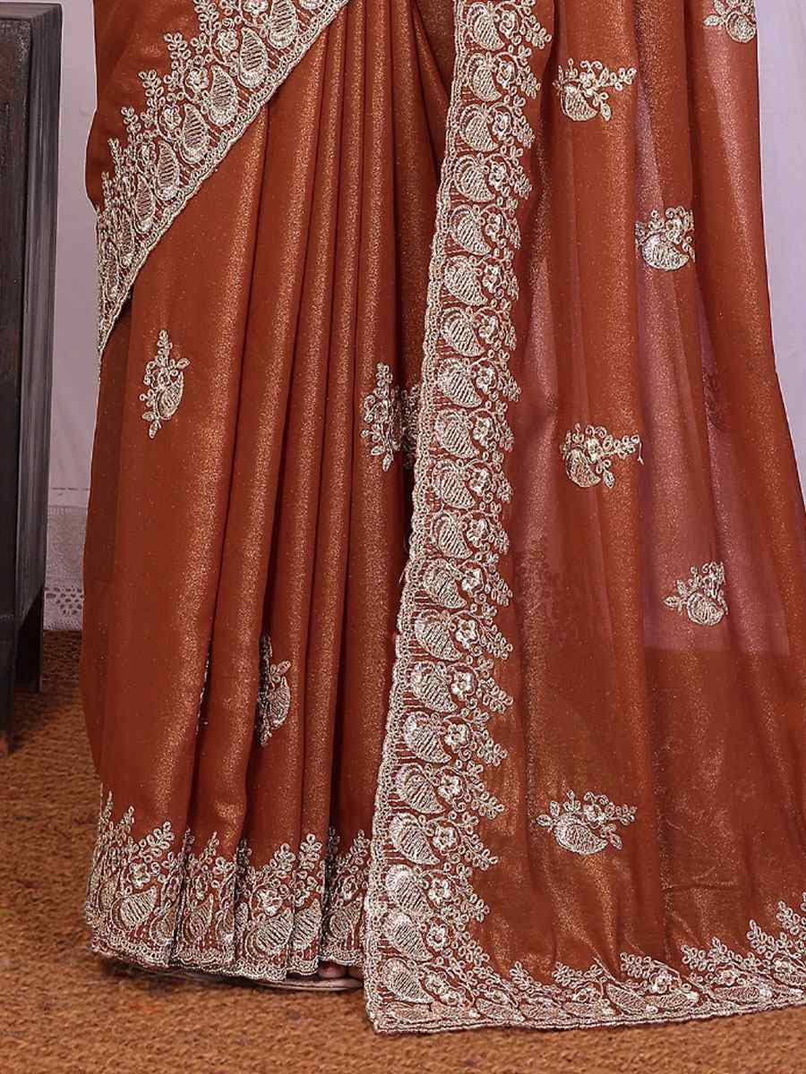 Dusty Rust Pure Georgette Embroidery Festival Wedding Fancy Heavy Border Saree