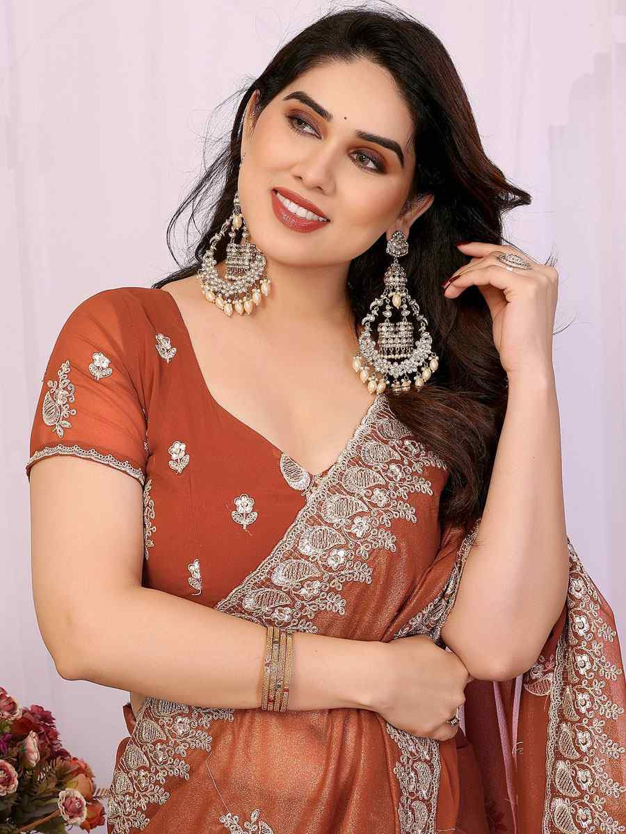 Dusty Rust Pure Georgette Embroidery Festival Wedding Fancy Heavy Border Saree