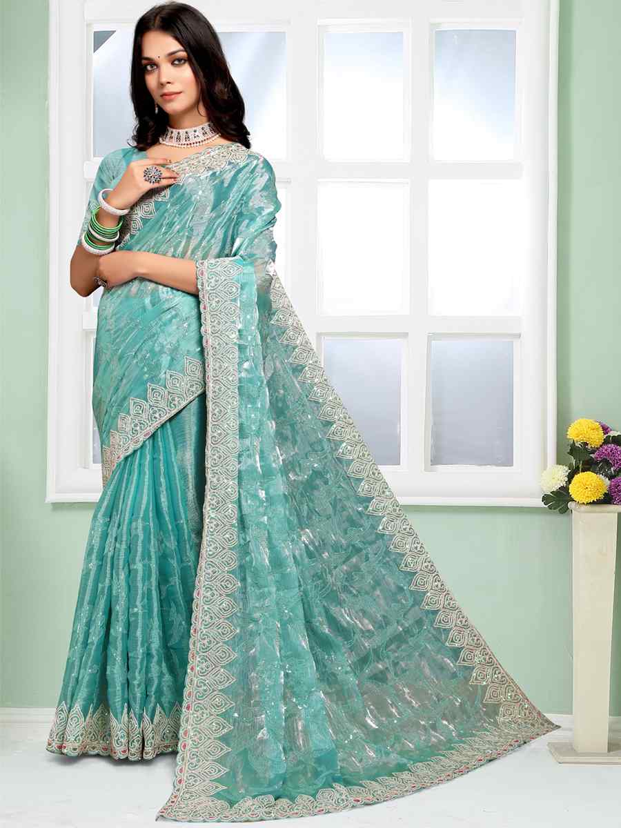 Dusty Sky Jimmy Choo Silk Embroidery Party Reception Heavy Border Saree