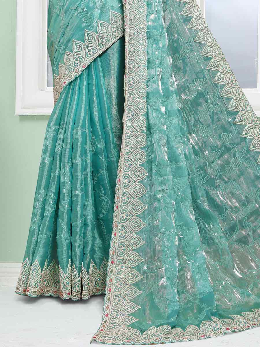 Dusty Sky Jimmy Choo Silk Embroidery Party Reception Heavy Border Saree