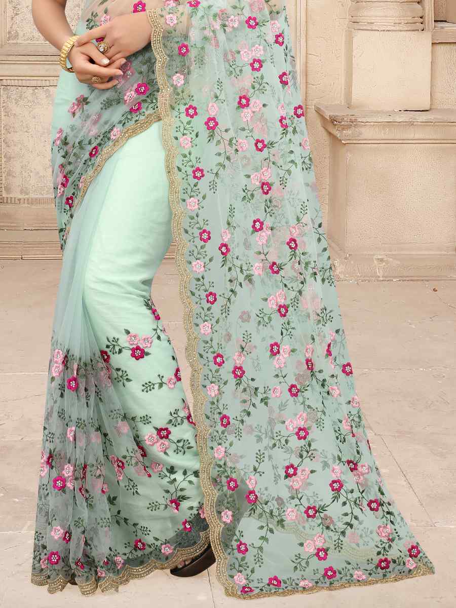 Dusty Sky Net Embroidered Party Festival Contemporary Saree