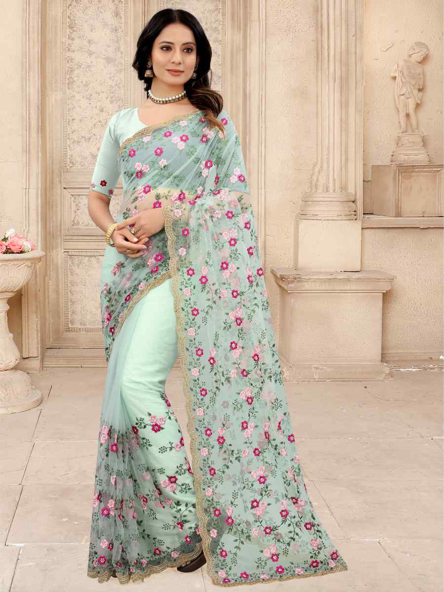 Dusty Sky Net Embroidered Party Festival Contemporary Saree