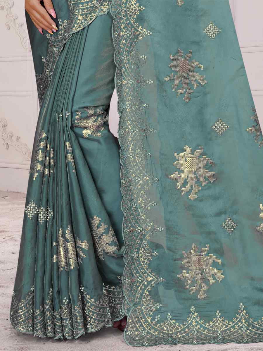 Dusty Sky Organza Soft Silk Embroidered Festival Party Heavy Border Saree