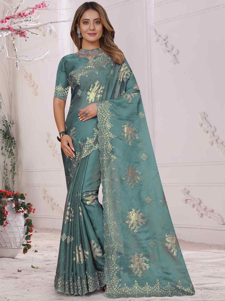 Dusty Sky Organza Soft Silk Embroidered Festival Party Heavy Border Saree