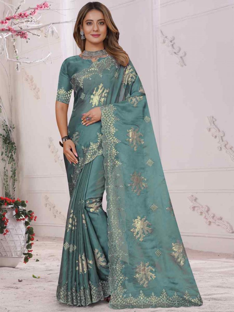 Dusty Sky Organza Soft Silk Embroidered Festival Party Heavy Border Saree