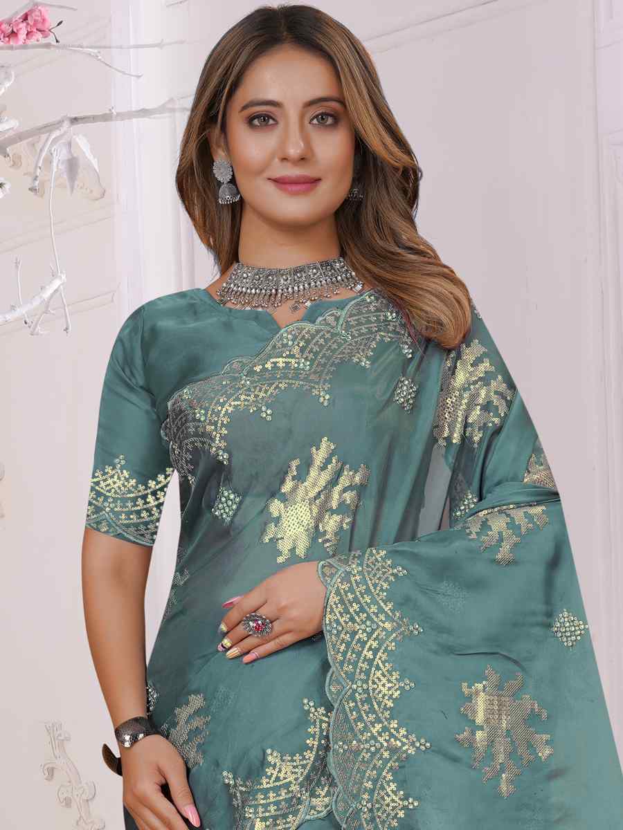 Dusty Sky Organza Soft Silk Embroidered Festival Party Heavy Border Saree