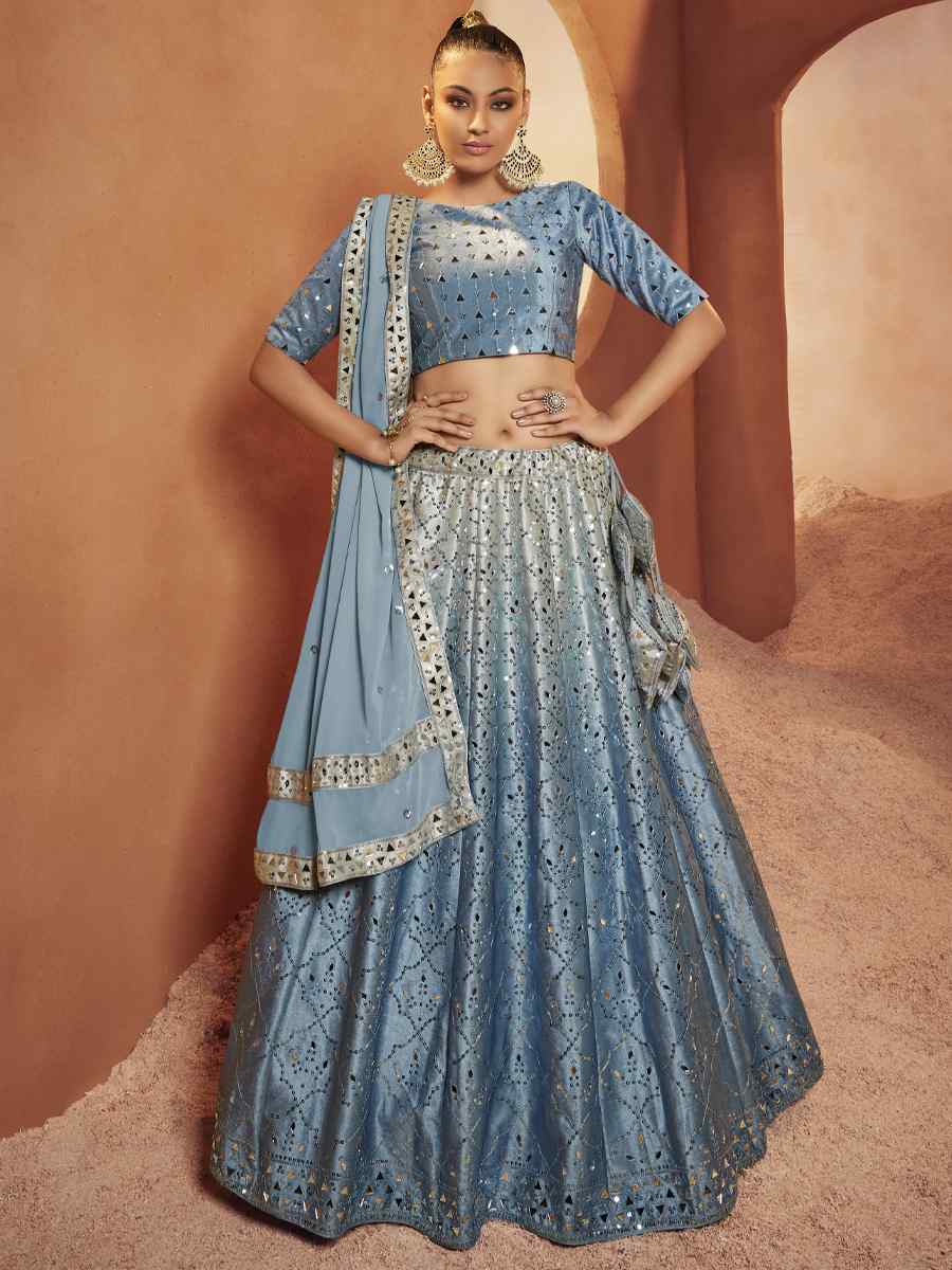 Dusty Sky Velvet Embroidered Festival Party Wear Circular Lehenga Choli